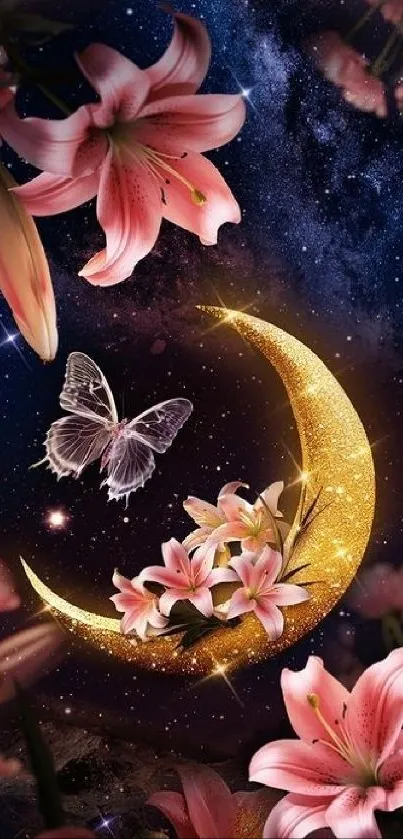 Starry floral scene with a golden moon and butterfly.