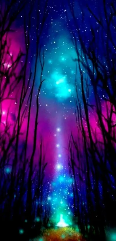 Magenta and blue starry forest fantasy wallpaper.