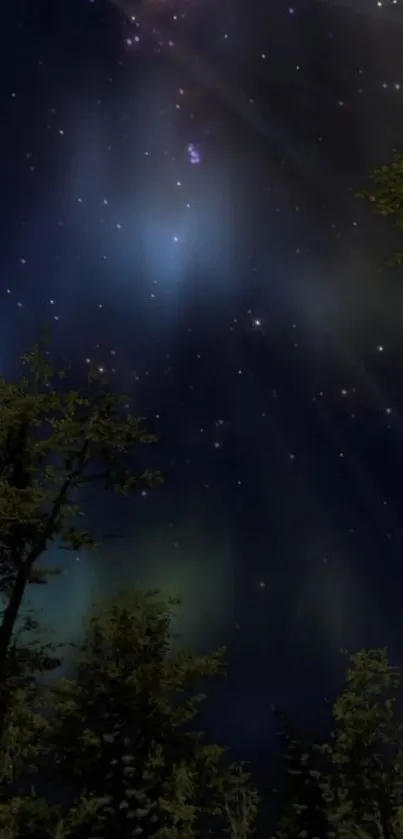 Starry night sky over a dark forest silhouette.