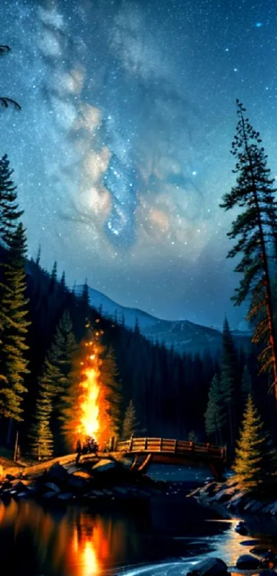 Starry forest night with campfire and Milky Way view.