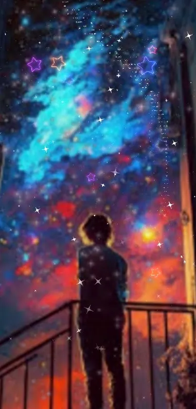 Person gazing into a vibrant, starry galaxy.