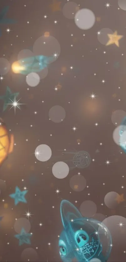 Whimsical starry galaxy wallpaper with glowing orbs on a fantasy-themed background.