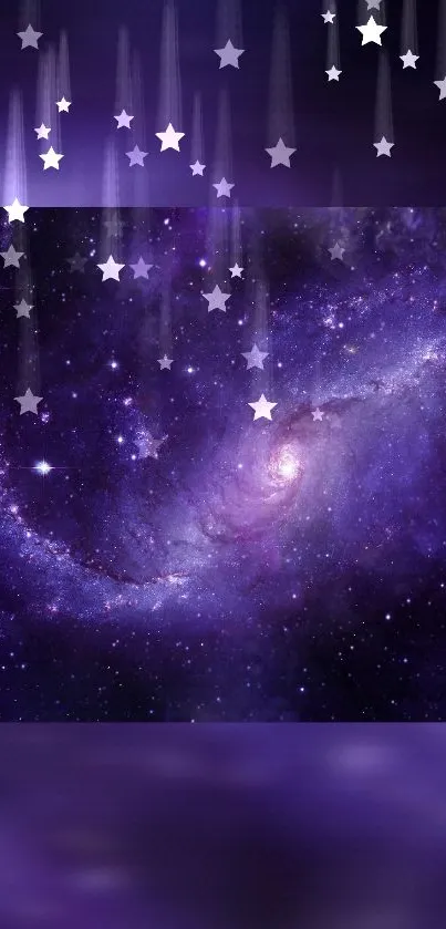 Purple galaxy with twinkling stars in cosmic night sky.