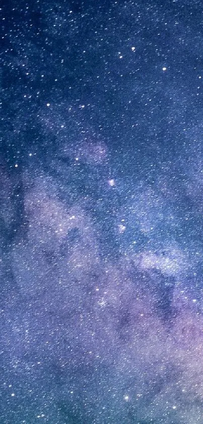 A starry night galaxy wallpaper for mobile with deep purple and blue hues.