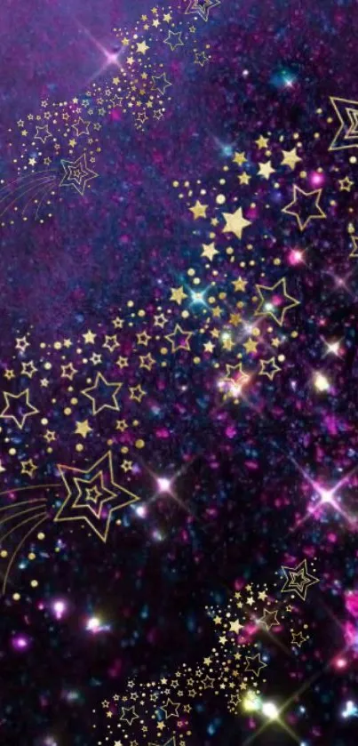 Starry galaxy wallpaper with violet and gold tones, featuring sparkling stars.