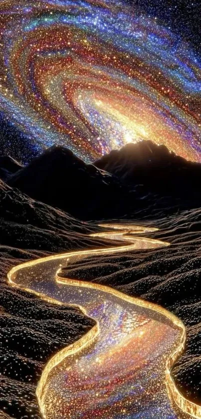 Galaxy over a golden river with colorful night sky.