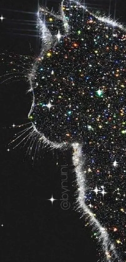 Glittering silhouette of a cat on dark background with starry effect.