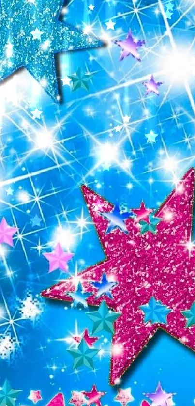 Vibrant blue and pink glitter star wallpaper with sparkling effects.