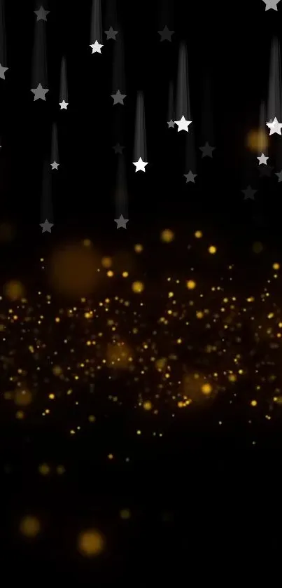 Mobile wallpaper with golden glitter and falling stars on a black background.