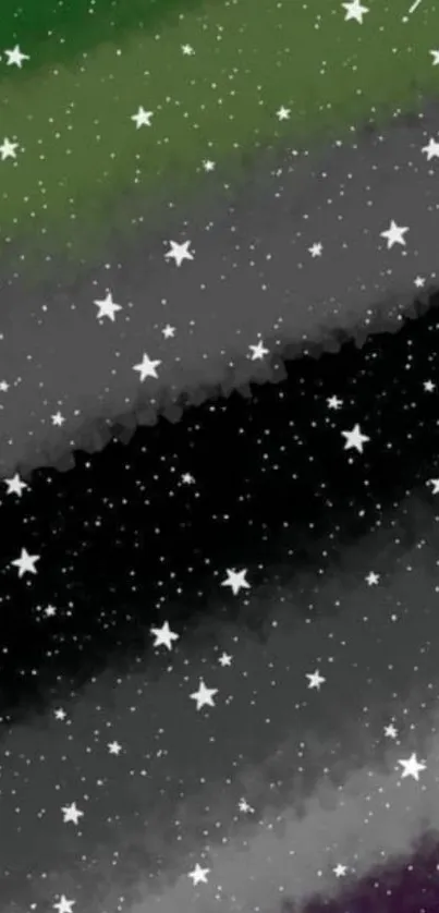 Starry gradient wallpaper with green, black, and purple hues featuring sparkling stars.