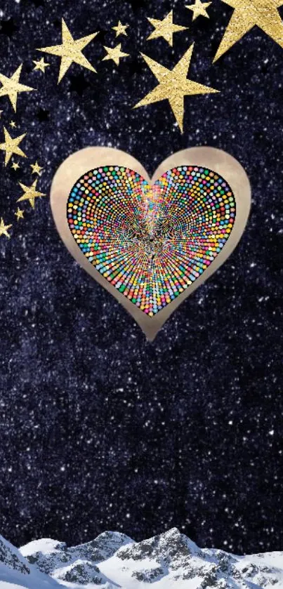 Abstract cosmic wallpaper featuring a starry night sky and colorful mosaic heart.