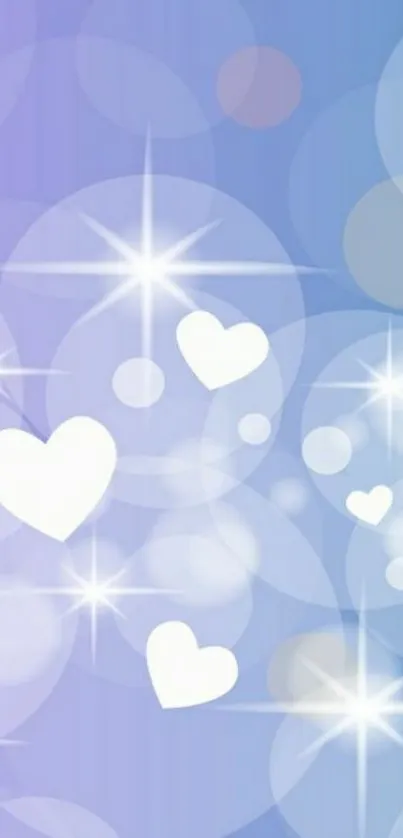 Dreamy blue wallpaper with glowing hearts and stars.