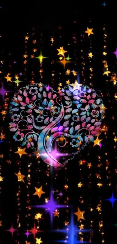 Vivid heart and stars design on black wallpaper.