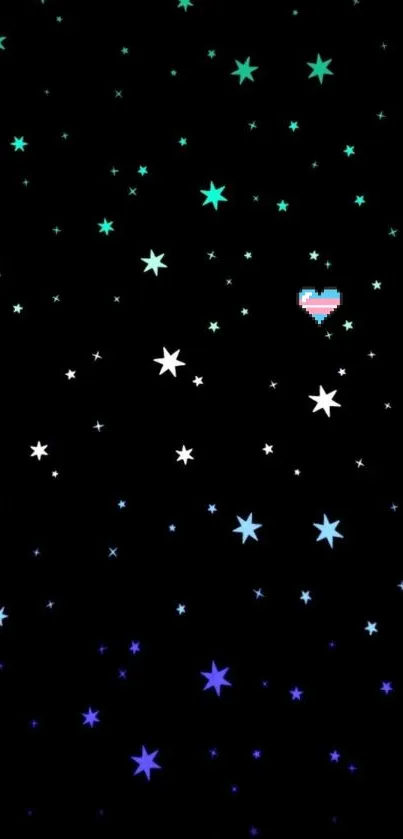 Mobile wallpaper with colorful stars and hearts on a black background.