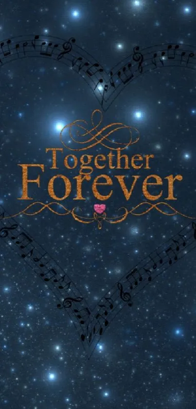 Starry night wallpaper with heart and 'Together Forever' text.