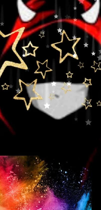 Mysterious hooded figure with stars on a colorful mobile wallpaper.