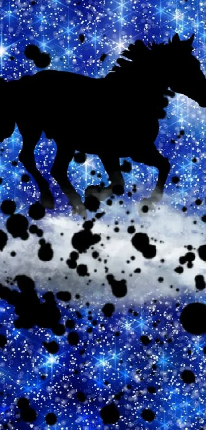 Silhouette horse on vibrant starry blue galaxy background.