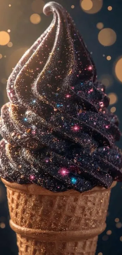 Starry chocolate ice cream cone with cosmic sparkles.