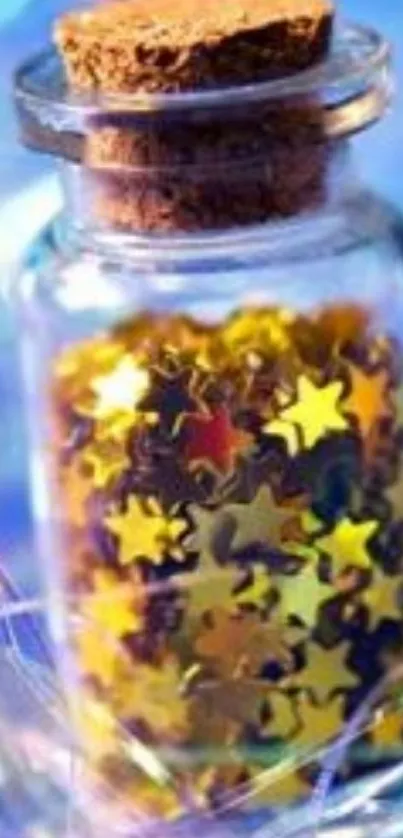 Golden stars in a glass jar on a blue background.