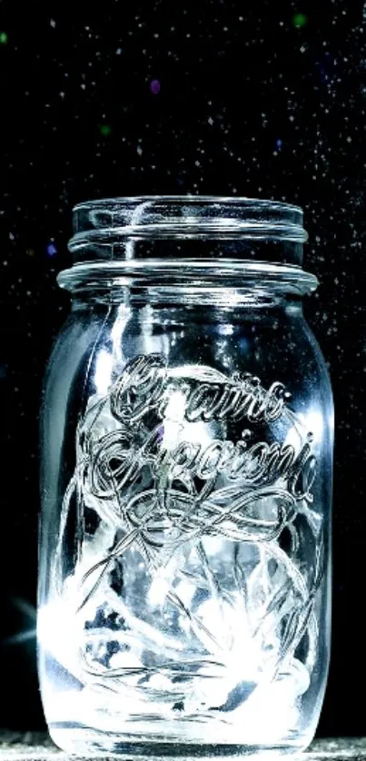 Luminous jar with starry night backdrop on phone wallpaper.