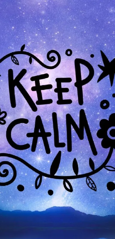 Keep Calm text on starry purple night sky background.