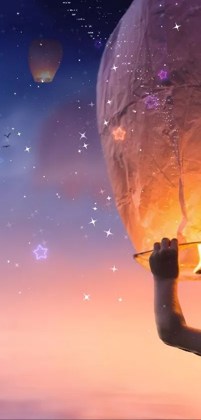 Starry night sky with glowing lanterns.