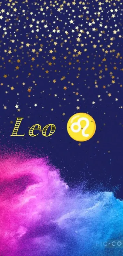 Leo zodiac wallpaper with vibrant colors and starry night sky.