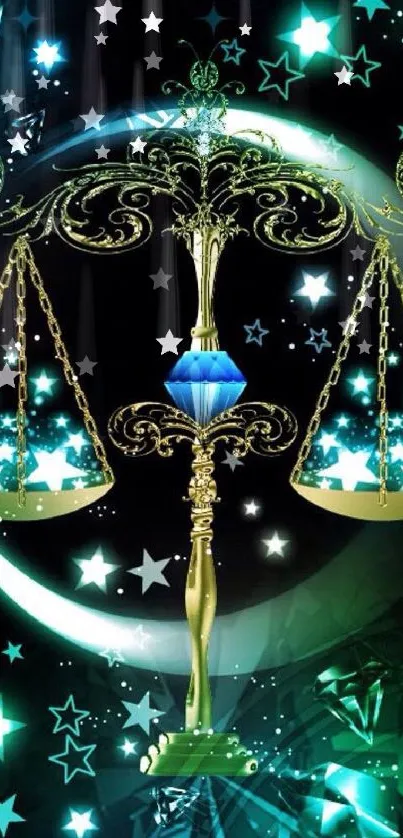 Libra balance with stars in teal background wallpaper.