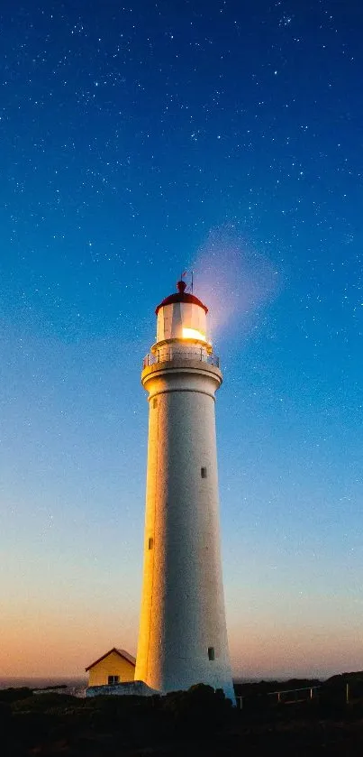 Lighthouse with a starry night sky, serene and calming wallpaper.