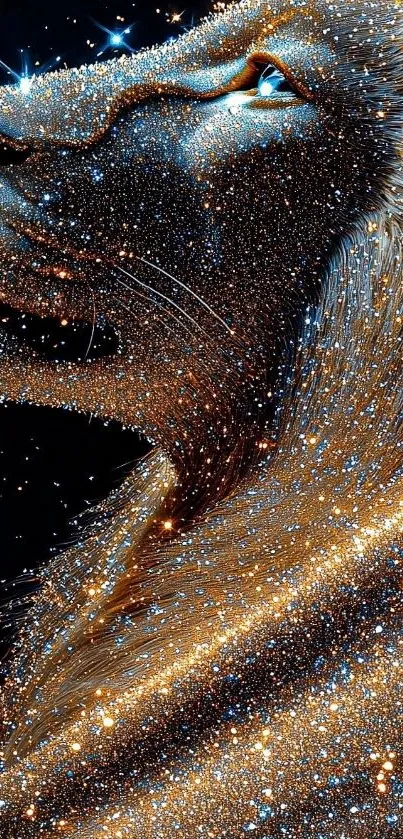 Majestic lion in a starry galaxy design, shimmering with cosmic sparkles.