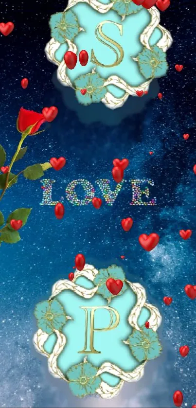 Love-themed mobile wallpaper with letters S and P, red hearts, and a starry sky.