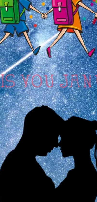 Romantic silhouette and cartoon figures under starry night sky with 'Miss You Janu' text.