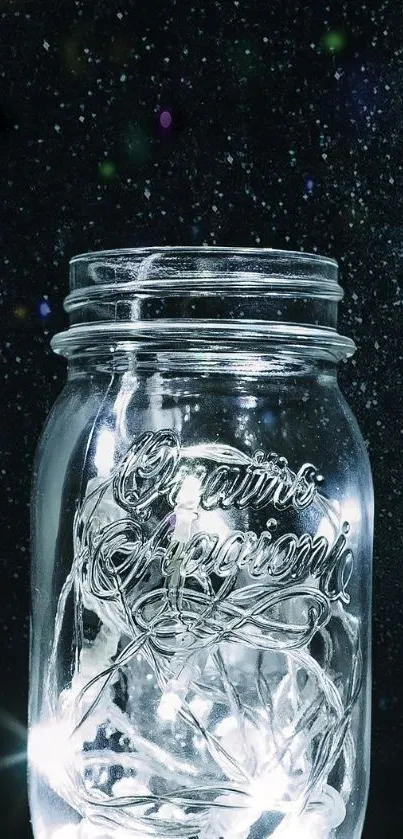 Mason jar glowing with lights against a starry night sky background.