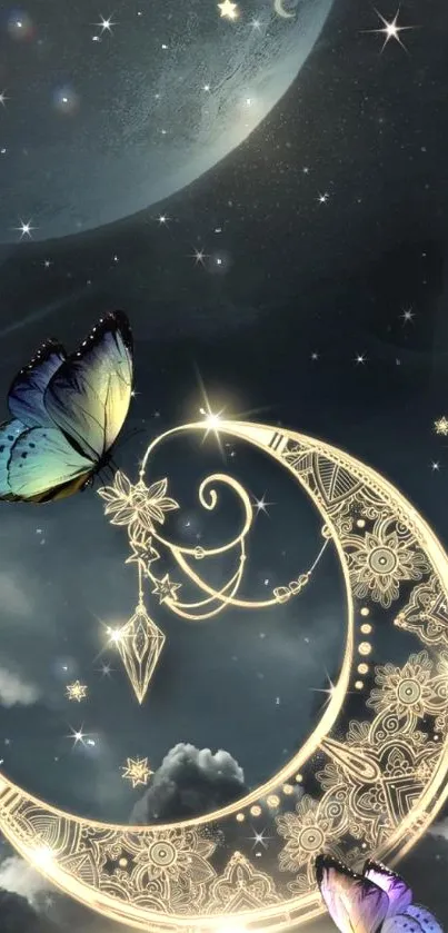 Celestial wallpaper with moon and butterflies against a starry night sky.