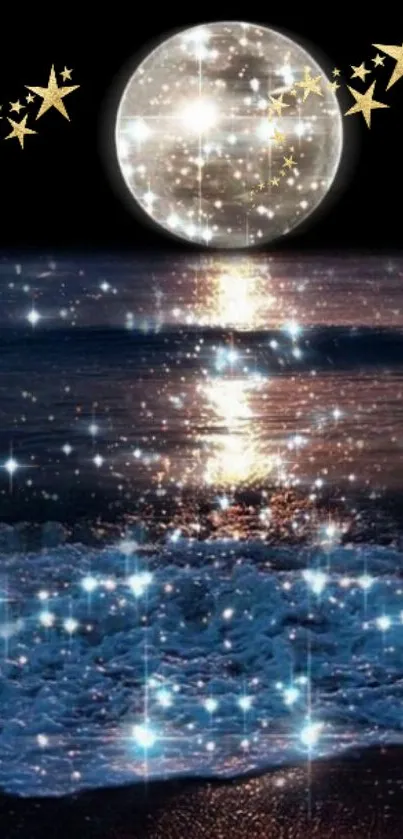 Starry night ocean wallpaper with a bright moon and sparkling waves.