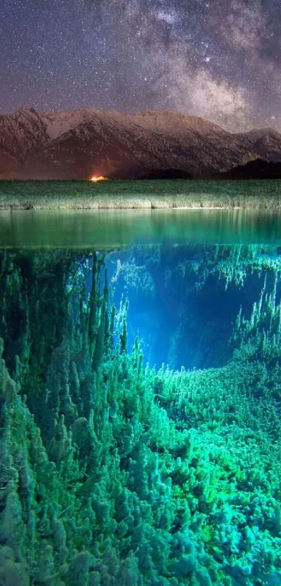 Starry sky above a mountain lake with teal reflections.