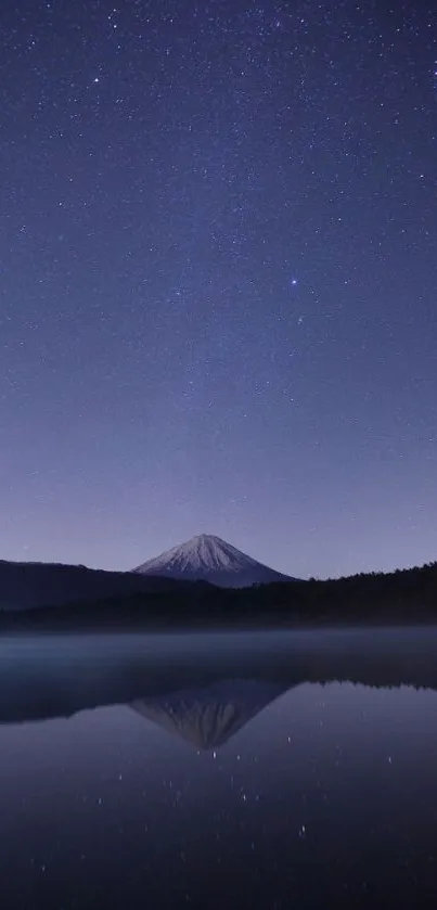 Serene night sky with mountain reflection on lake.