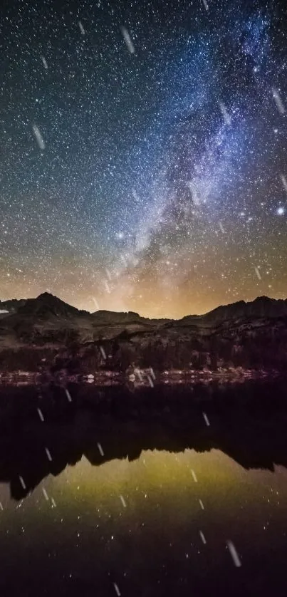 Majestic starry night sky over mountains, reflecting perfectly on a tranquil lake.