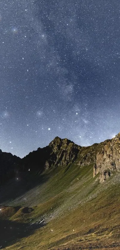 A starry night sky over rugged mountains.