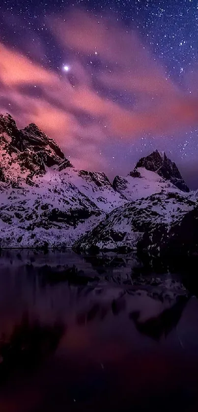 Starry night sky over snowy mountains reflecting in a tranquil lake.