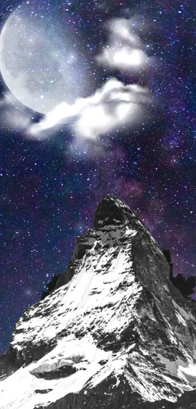 Snow-capped mountain at night with a starry sky and a bright moon.