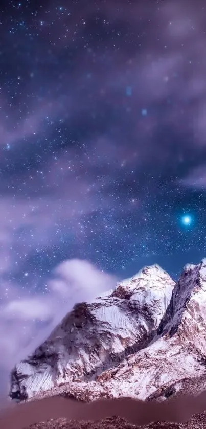 Snowy mountain under a starry purple night sky, perfect for mobile wallpaper.