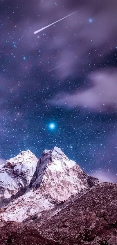Starry mountain night sky with glowing stars and rugged peaks.