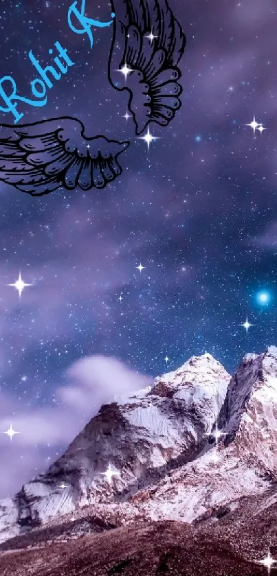 Starry night sky over mountain range wallpaper with purple hues.