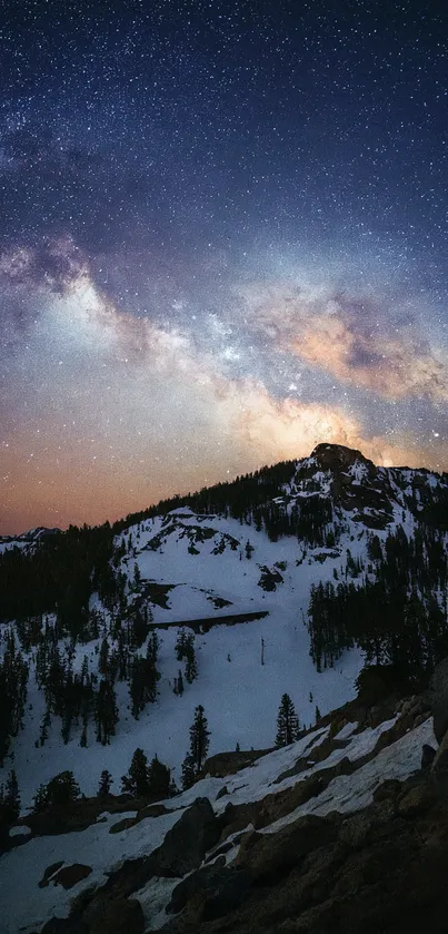 Starry night sky over snowy mountain peaks.