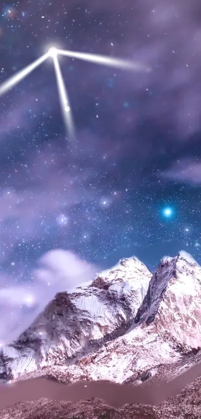 Starry night over snowy mountains with shooting star in a cosmic sky.