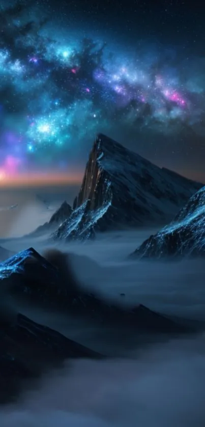 Starry sky over mountains with mist and vibrant colors at night.