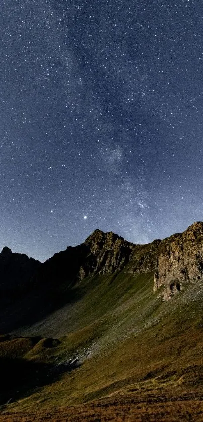 Starry night sky with mountains under a tranquil dark blue tone.