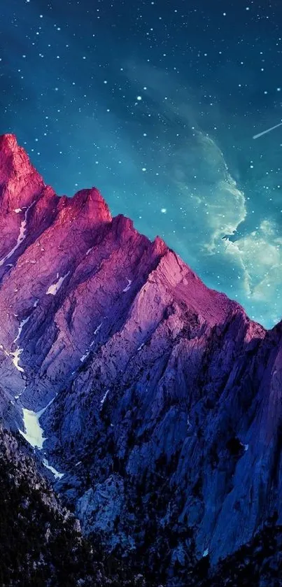 Purple mountains under a starry cosmic sky wallpaper.