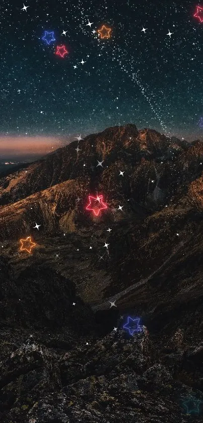 Starry sky over dark mountain peaks in vibrant colors.